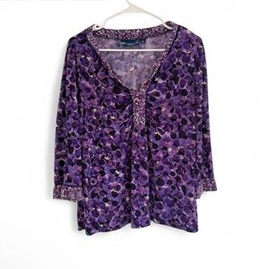 Susan Graver Women’s Liquid Knit V-Neck Top Purple Floral XL Plum Comfort FLAW